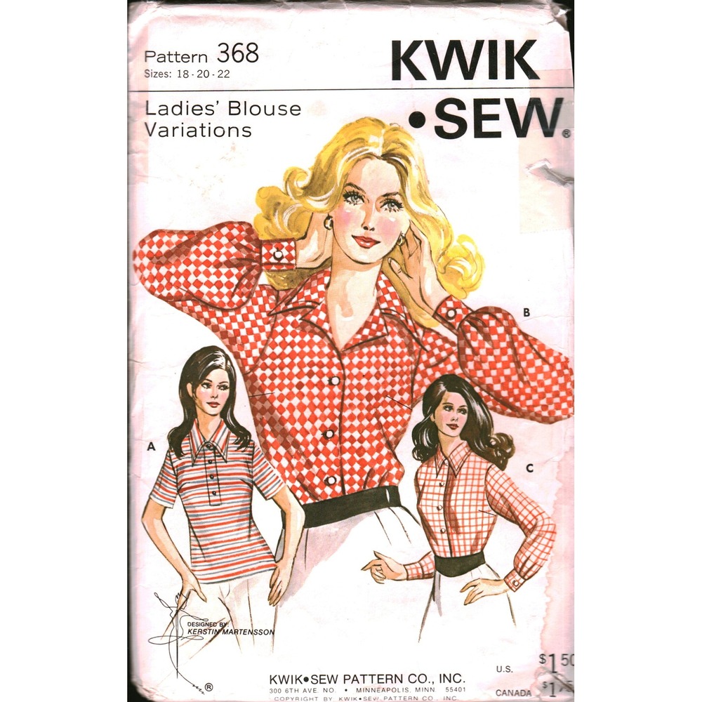 Kwik Sew 368 Vintage Sewing Pattern Ladies Blouse Variations Sizes 18 20 22